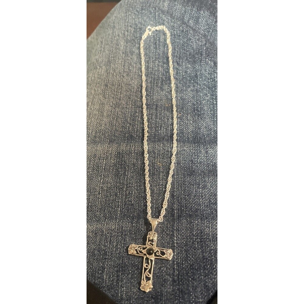 925 Sterling Silver Black Onyx  Cross With 15inch 925 Italy  Rope Necklace